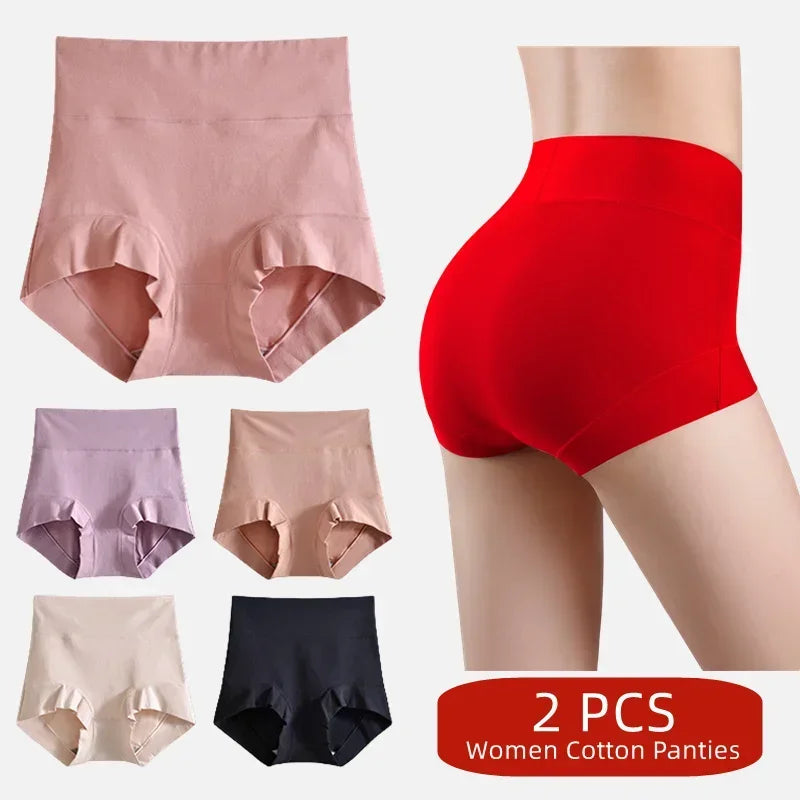 2pcs Women Cotton Panties High-Rise Tighten Abdomen Underwear Comfortable short Briefs