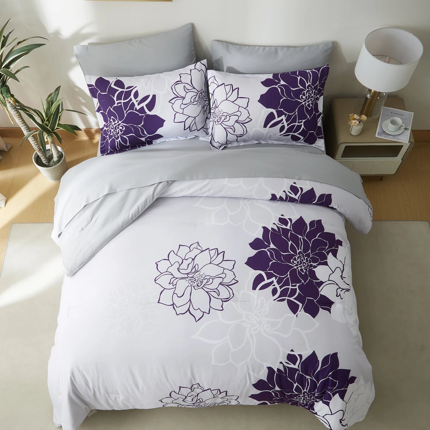 Comforter Set - 7 Pieces Floral Bedding Sets with Reversible Botanical Flowers