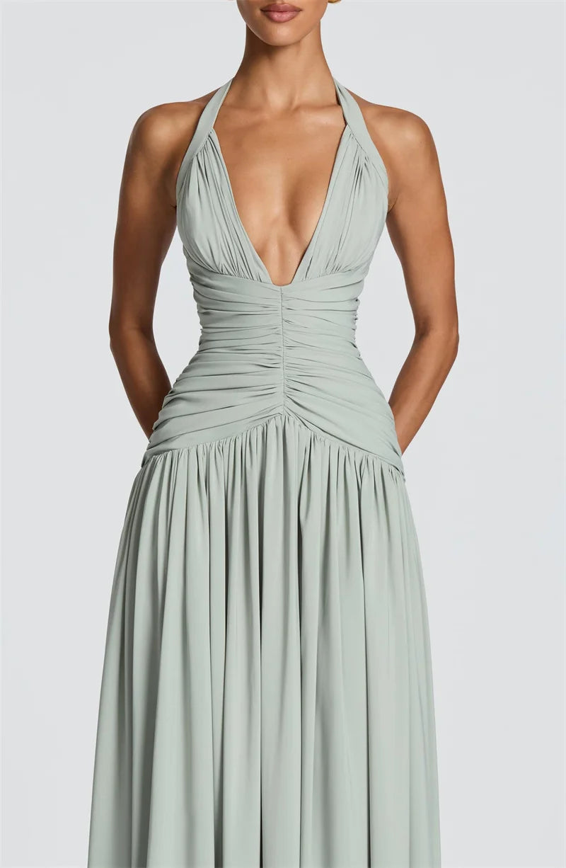 Elegant Halter Deep V Neck Sexy Maxi Women Dress Off-shoulder Sleeveless