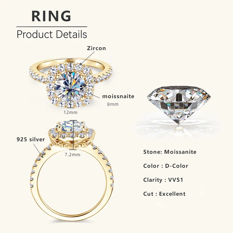 Lnngy 8mm 2ct Moissanite Halo Ring Certified 925 Sterling Silver Engagement Rings For Women Girls Wedding Party Jewelry Gift