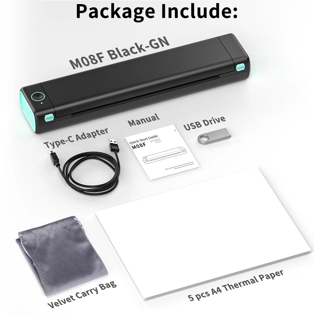 M08F Portable Phone Travel Home Wireless Thermal Printer Bluetooth Use A4 Mobile Printer for Laptops Inkless