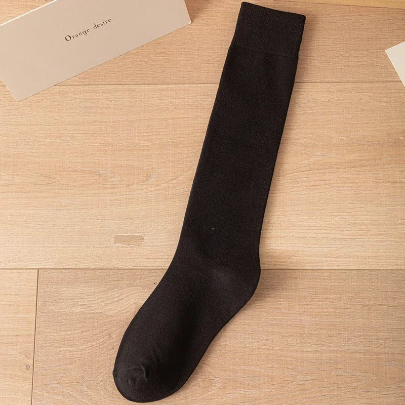 Women's Soft Cotton Knee High Long Socks Black White Solid Calf