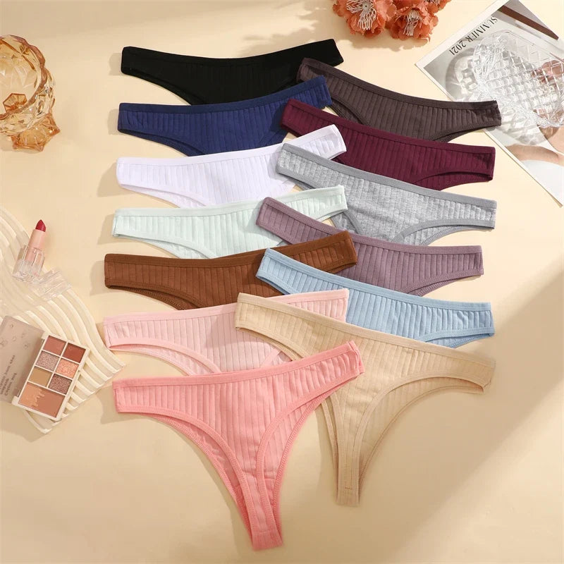 7PCS Women Cotton Striped Thongs Underwear Low Waist G-String Panties Sexy Breathable Solid Color T-Back Casual Bikini Lingerie