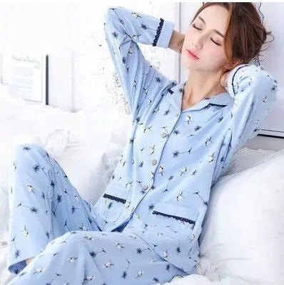 High Quality Large Size Women Cotton Pajamas Button down Tops and Trousers Set Sleepwear Homewear