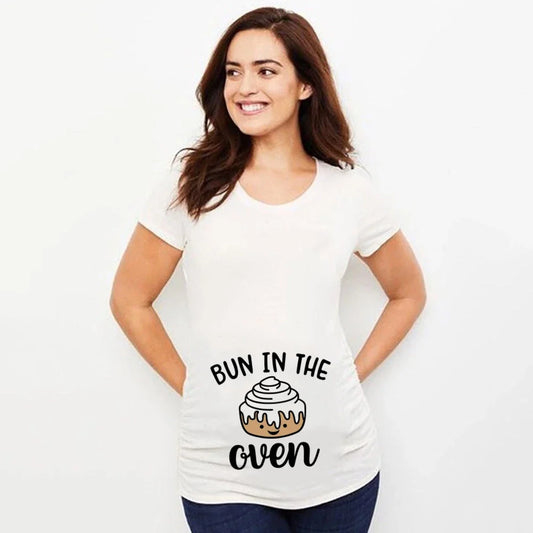 Fun Bun in The Oven Pattern Print Maternity T-shirt Comfortable Short Sleeve Pregnant Tee Women Pregnancy Announcement Clothing