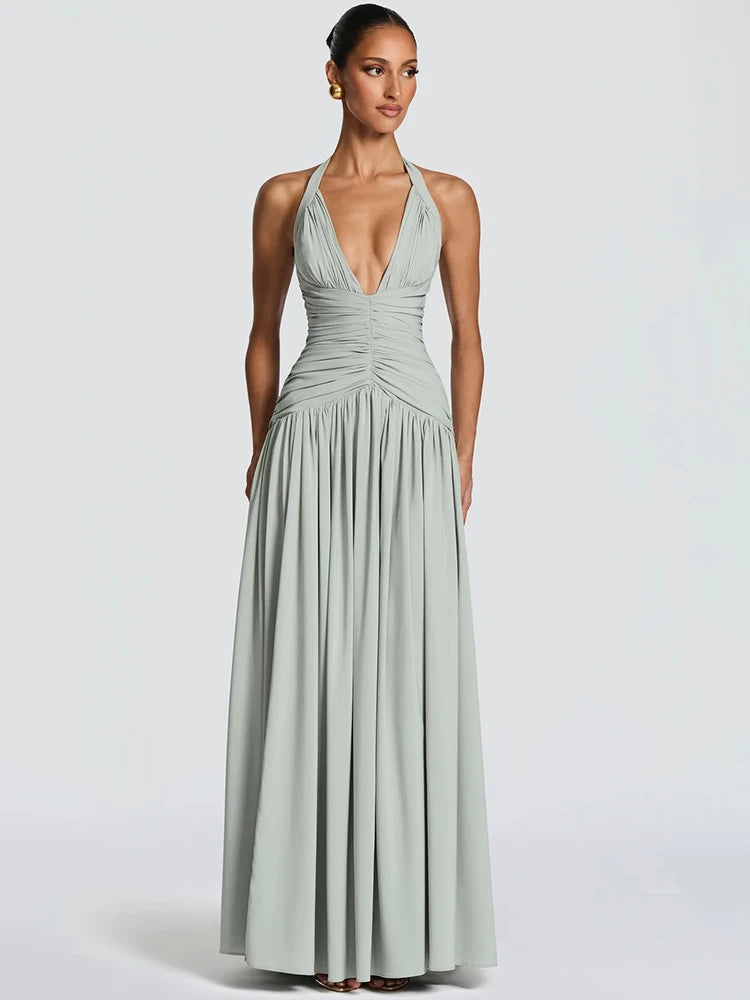 Elegant Halter Deep V Neck Sexy Maxi Women Dress Off-shoulder Sleeveless
