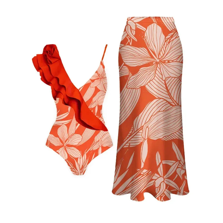 2-Piece Women Brazilian Floral Printed Ruffle Bikinis Strappy Bandage Swimwear