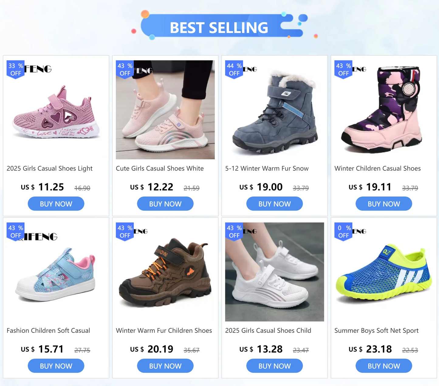 Girl or Boy Light Mesh Sumer Sneakers Shoes 4-6Yrs