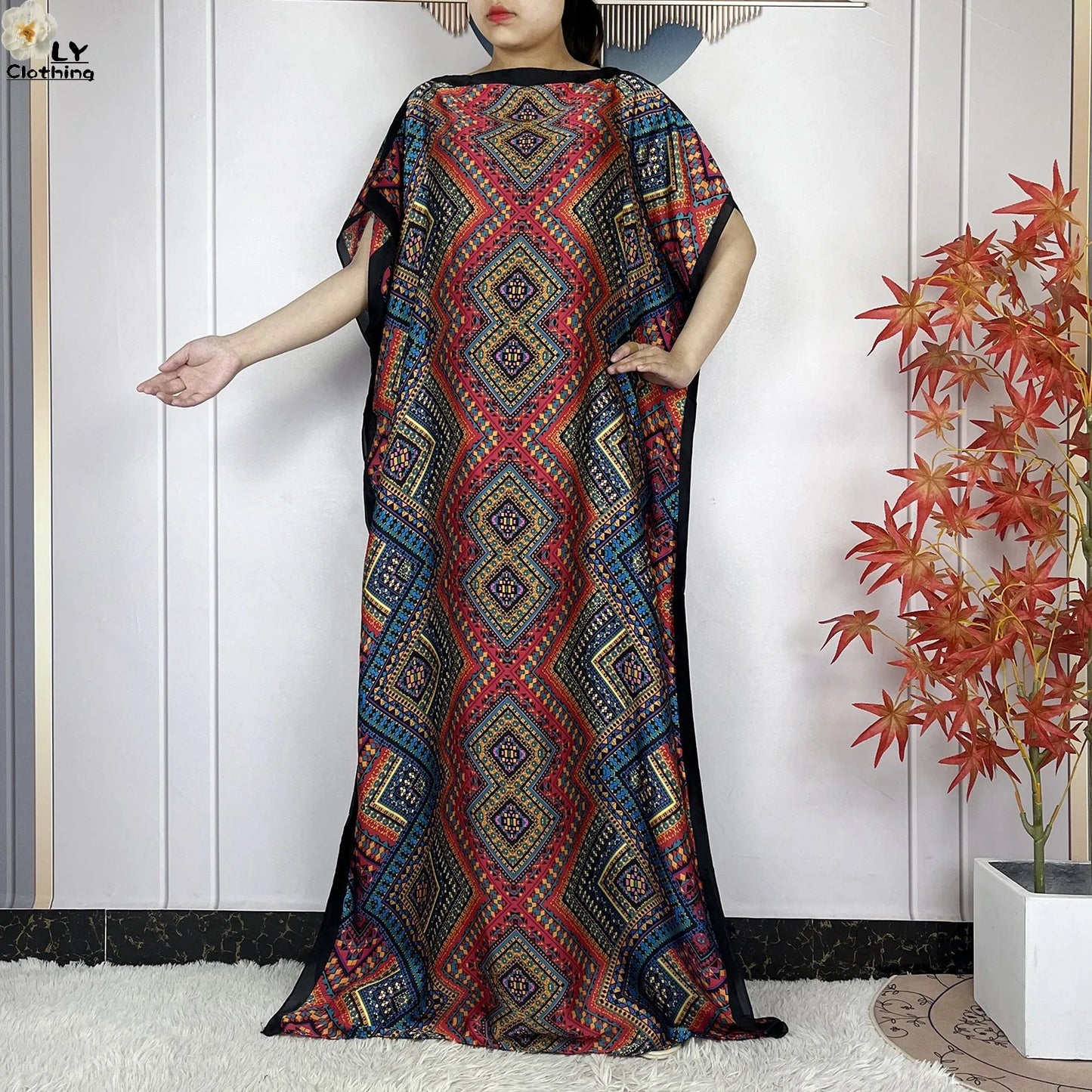 Women Printed Silk Soft Loose Maxi Party Dresses With Belt Turban