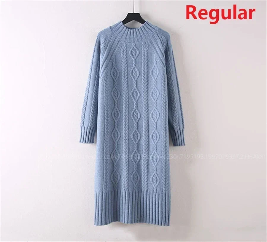 Women Winter Thicken Plus Velvet Sweater Dress Mock Neck Rib Knit Midi With Coats