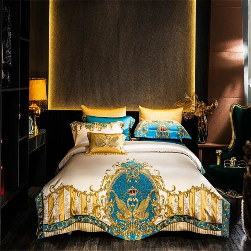 Gold and Blue Embroidery Satin Comforter Cover 4/6/10Pcs Bedding set