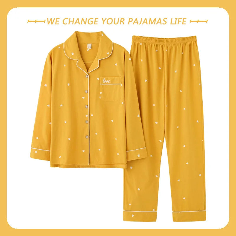 High Quality Large Size Women Cotton Pajamas Button down Tops and Trousers Set Sleepwear Homewear