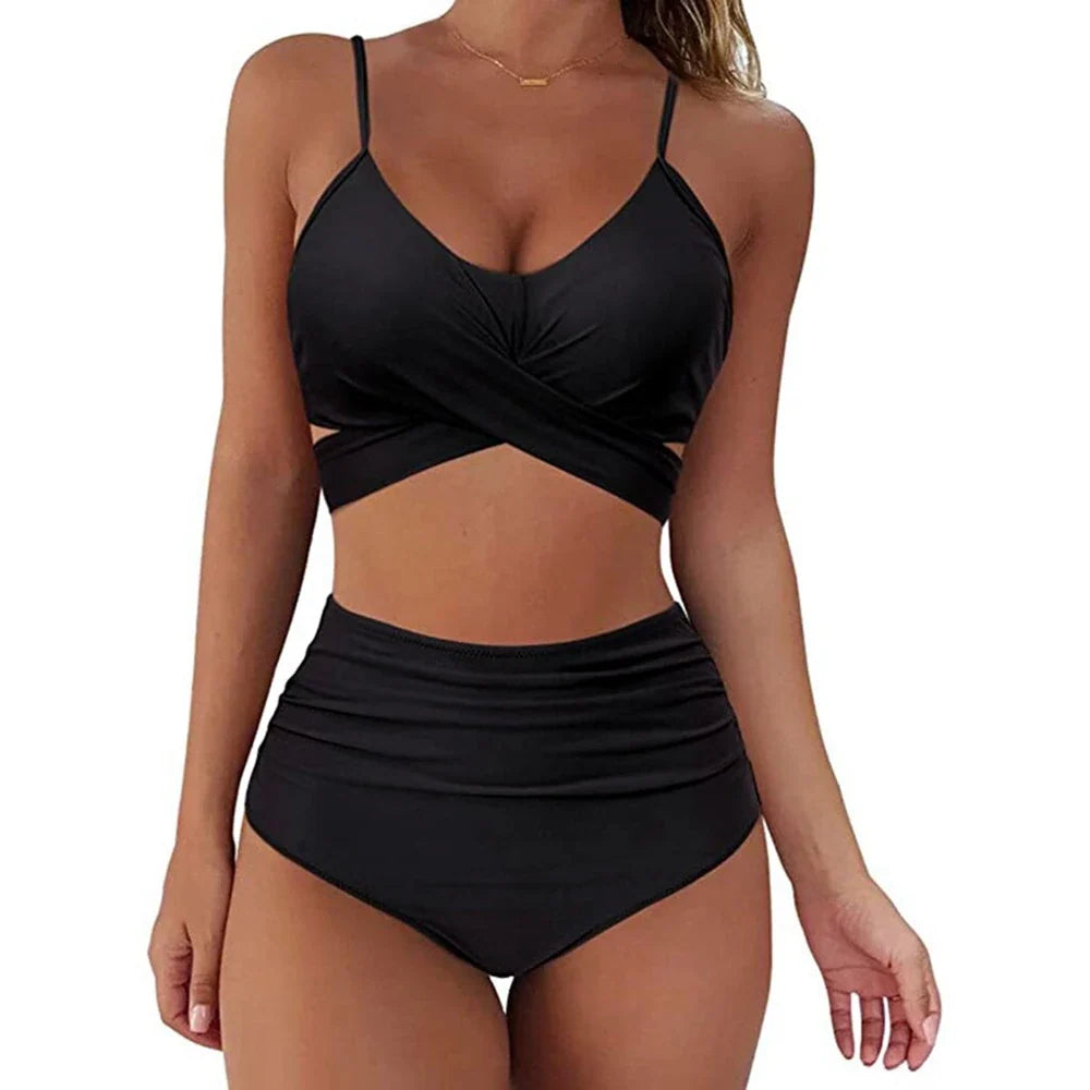 Hot 12 Colors Women Slim Bikini Sets High Waisted Sexy Swimwear 2 Pieces 2025 Solid/Floral Ruched Brazilian Swimsuit Cross Front