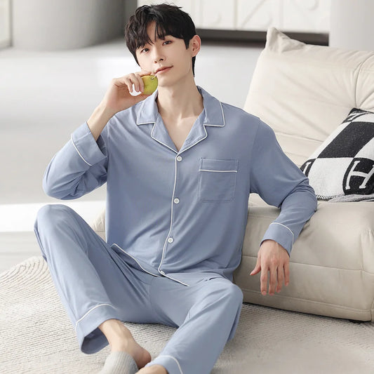Autumn Men's Pajamas Sets Long Sleeve Modal Cotton Thin Teenage Boys' Large Size Spring Outwear Home Cloth Suit Sleepwear Male