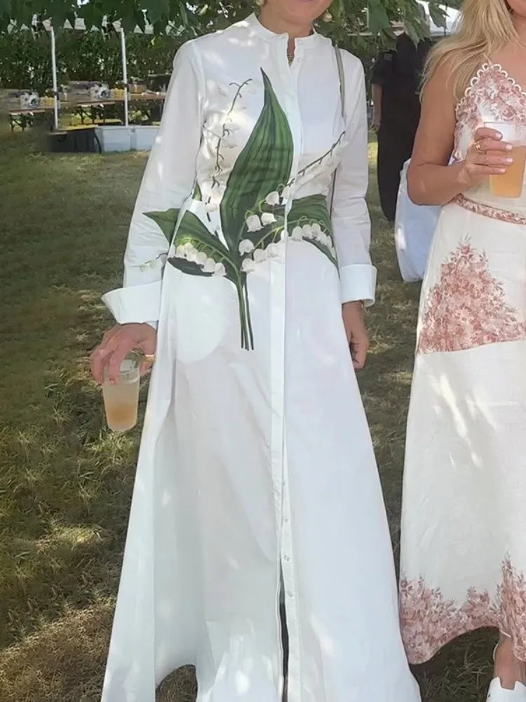 Women's Summer Spring Floor Length A-line Dress Round Neck Long Sleeve Buttoned Floral Printed