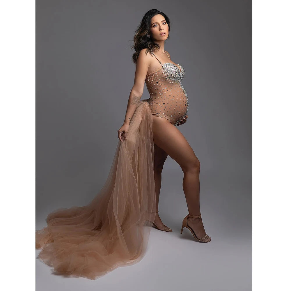 Luxurious Maternity Photography Sexy V Neck Rhinestones Pearls Stretch Jumpsuits Dress
