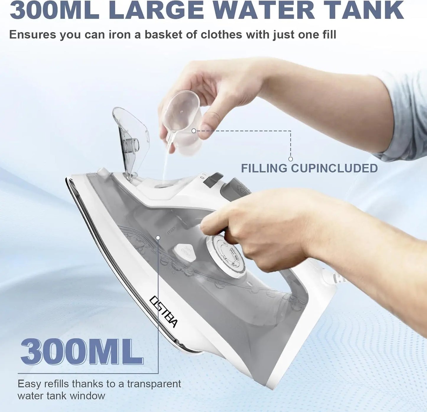 1600W Steam Iron with Rapid Heating, Nonstick Soleplate, Self-Cleaning, Anti-Limescale, Drip Stop, 300ml Tank