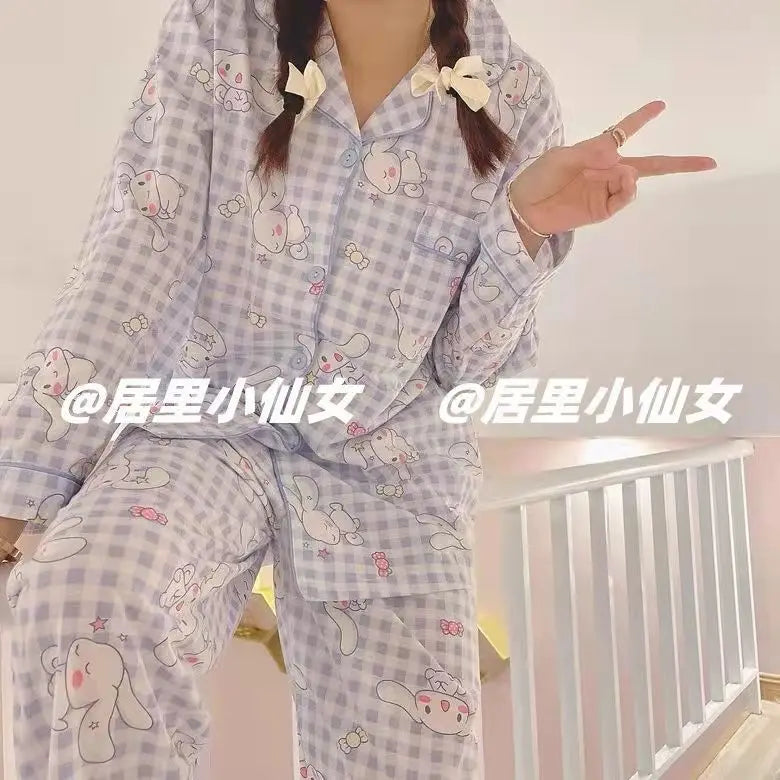 Hello Kitty 2Pcs Pajamas Set for Women Long Sleeve Tops Pants Loungewear