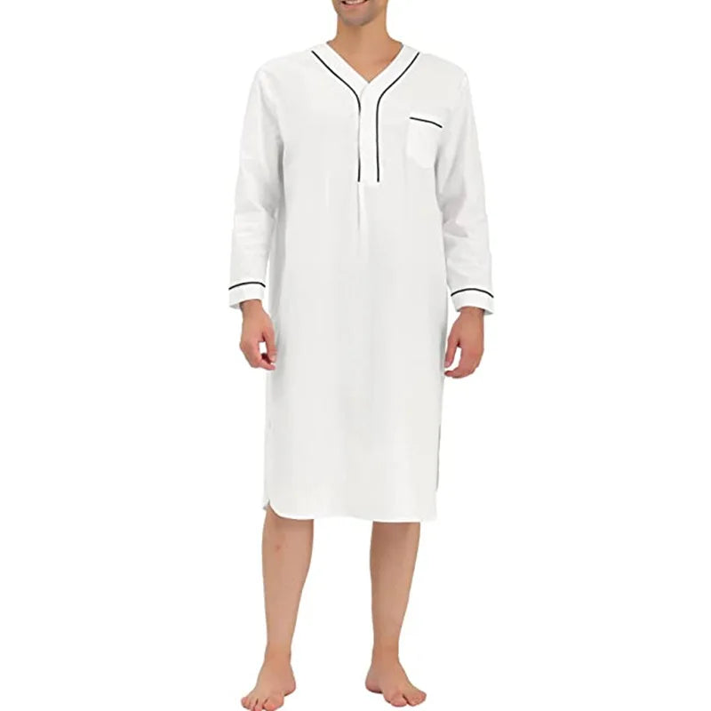 Men's Casual Long Sleeve V-neck Comfortable Pajamas Loose Fit Solid Nightgown
