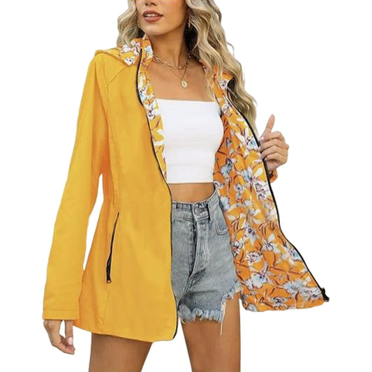 Women's Autumn Hooded Reversible Printed Jacket Casual Coat with Pockets S-2XL