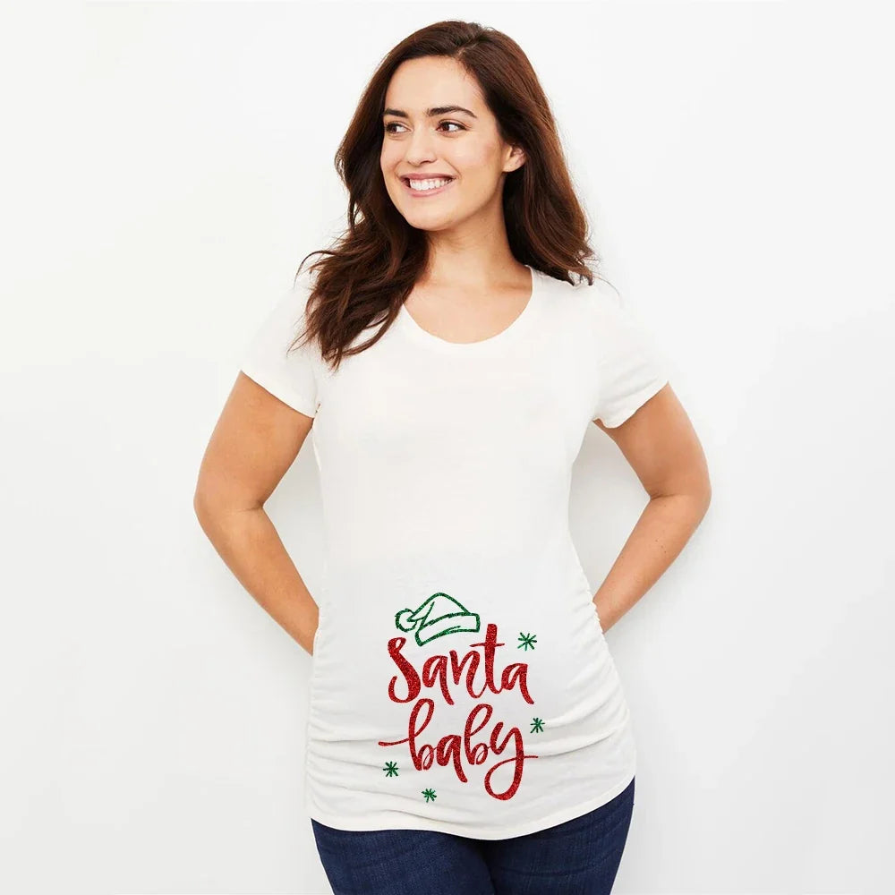 Christmas Santa Baby Print Maternity T-shirt Xmas Casual Pregnant Clothes Pregnancy Announcement T-shirt for Pregnant Women