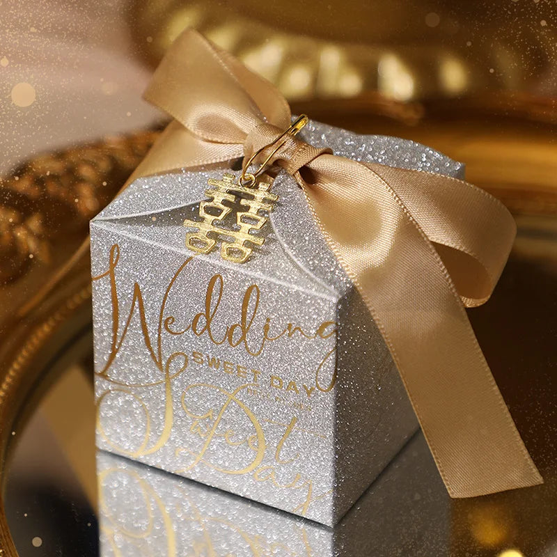 New Wedding Candy Box With Pearl Ribbon Bow High-End Gift Chocolate Box High Quality Glitter Powder Shell Gift Box