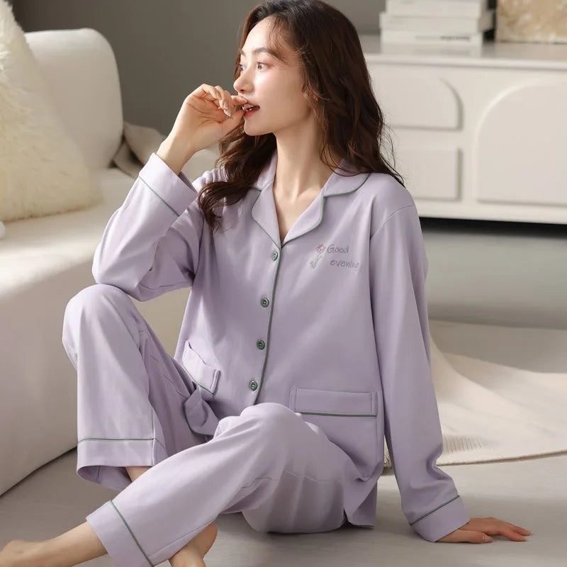 High Quality Large Size Women Cotton Pajamas Button down Tops and Trousers Set Sleepwear Homewear