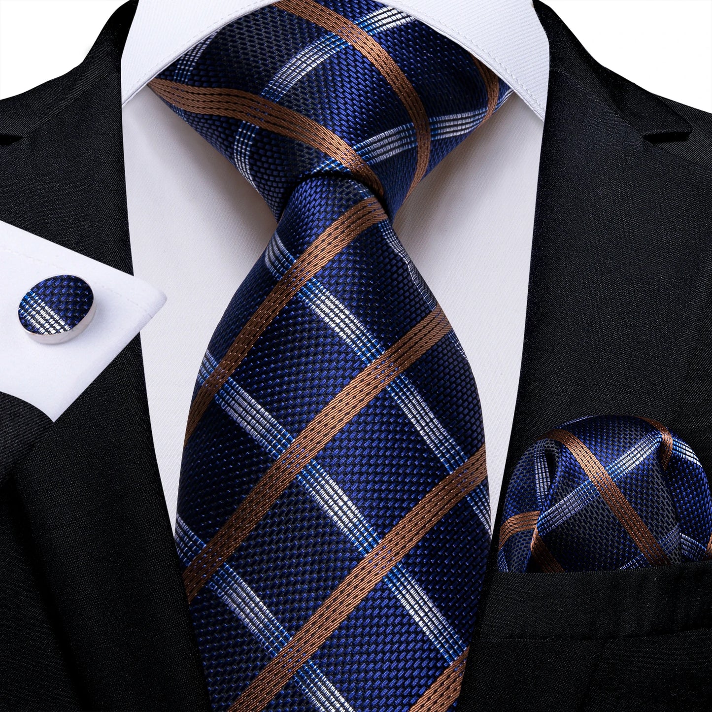New Classic 100% Silk Men's Ties 8cm Blue Plaid Dot Striped Business Necktie Handkerchief Wedding Party Tie Set