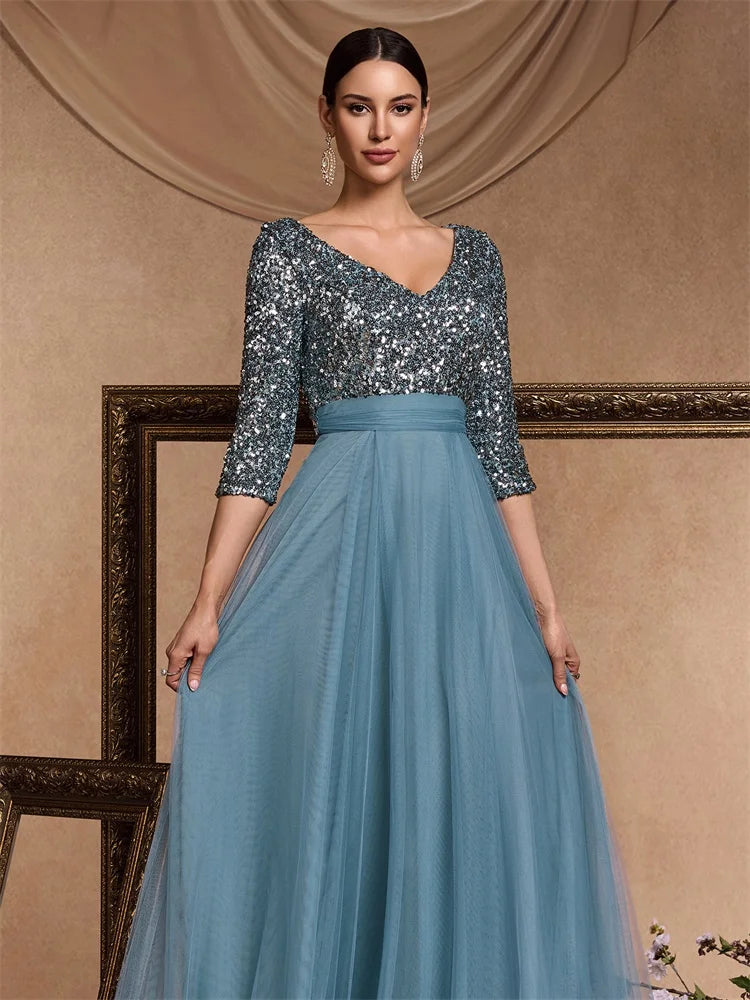Luxury Floor Length V-Neck Evening Dress Party Maxi Dress Sequin Short Sleeves Prom Cocktail Gown