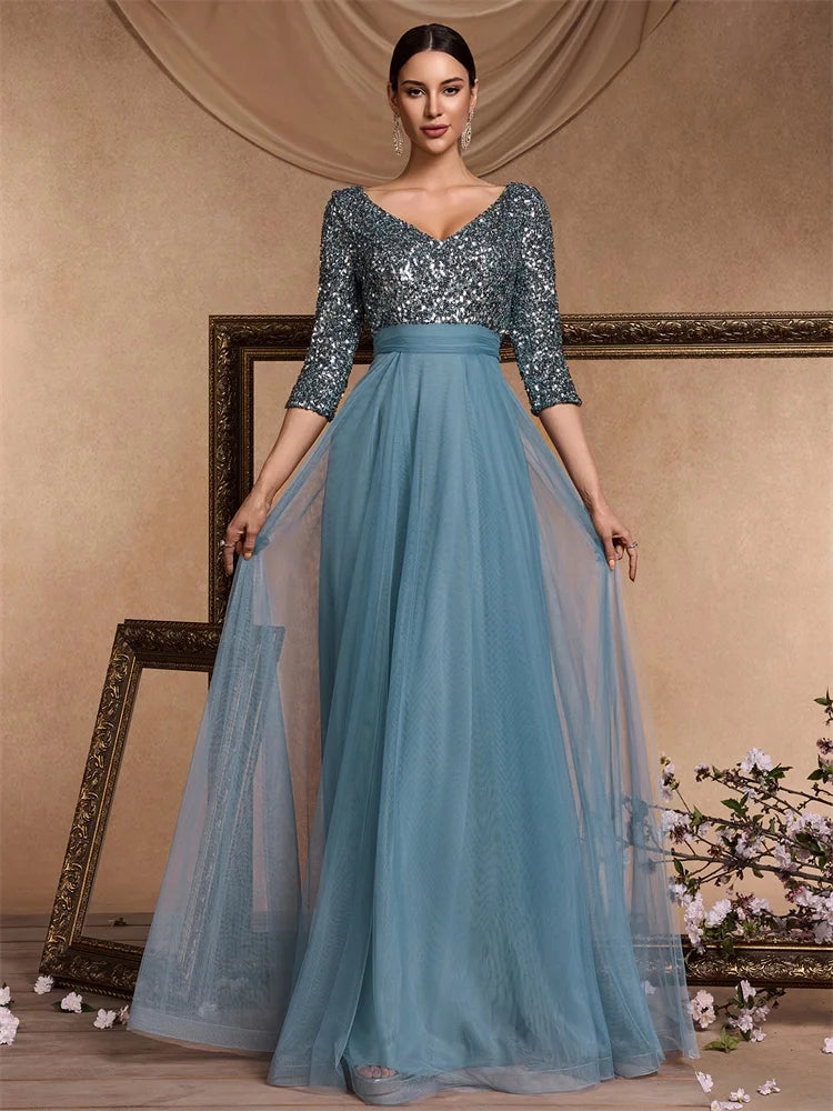 Luxury Floor Length V-Neck Evening Dress Party Maxi Dress Sequin Short Sleeves Prom Cocktail Gown