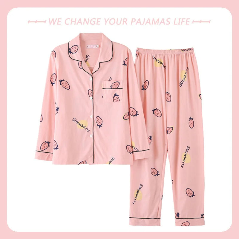 High Quality Large Size Women Cotton Pajamas Button down Tops and Trousers Set Sleepwear Homewear