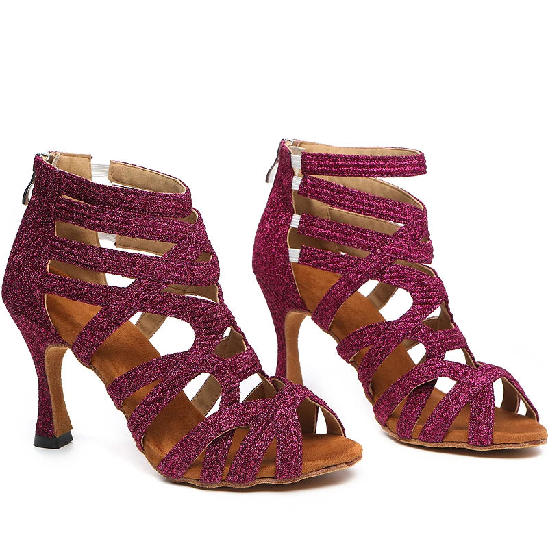 Dance Shoes Latin Gold Sandals For Women Cross straps Comfortable Low heel Square Samba Shoes
