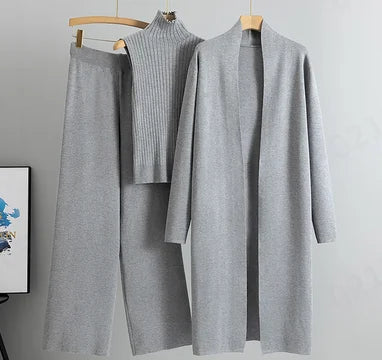 3 Piece Outfits Sweater Pullover Top & Knitted Long Cardigan & Wide Leg Pants Suits