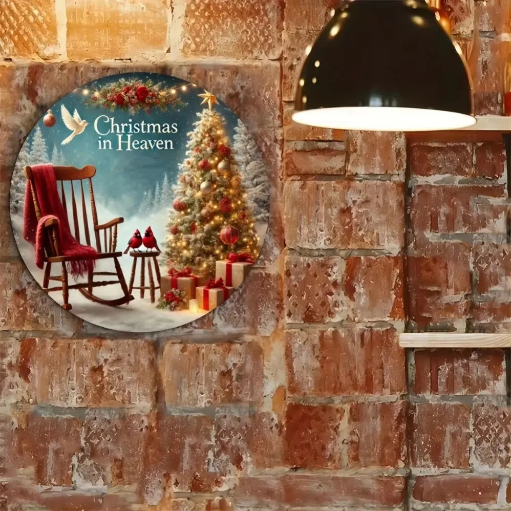 "Christmas in Heaven" Rustic Iron Metal Sign – Festive 2D Wall & Door Decor with Tree & Birds | Ideal for Home, Farmhouse & Shop