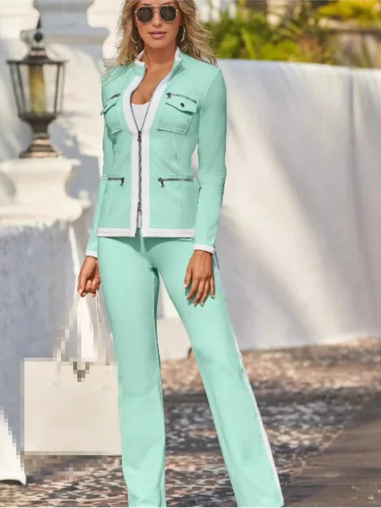 Women Two Piece Sets Zipper Jacket Straight Pants Set