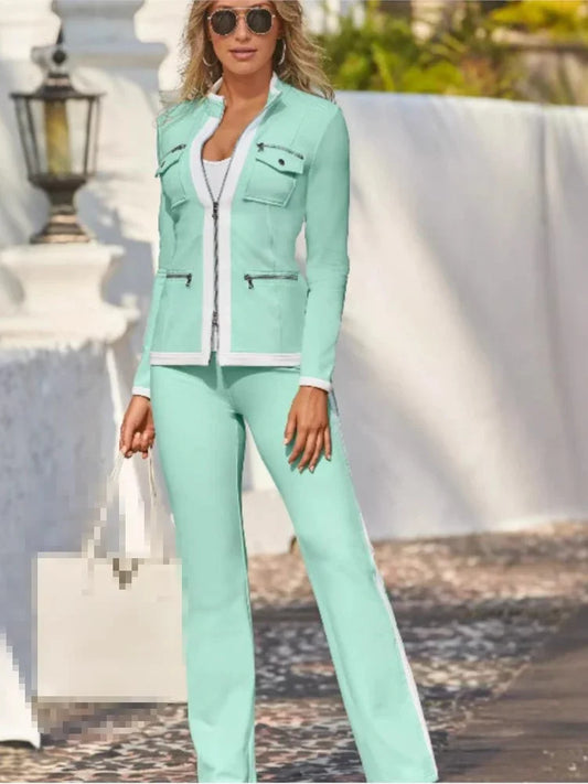Women Two Piece Sets Zipper Jacket Straight Pants Set