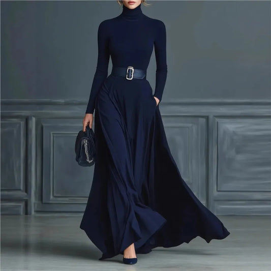 Elegant Half High Collar Knitted Long Sleeve Long Autumn Dress