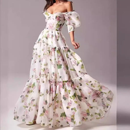 Elegant Party Print Dress Short Sleeve Floor Length Maxi Loose