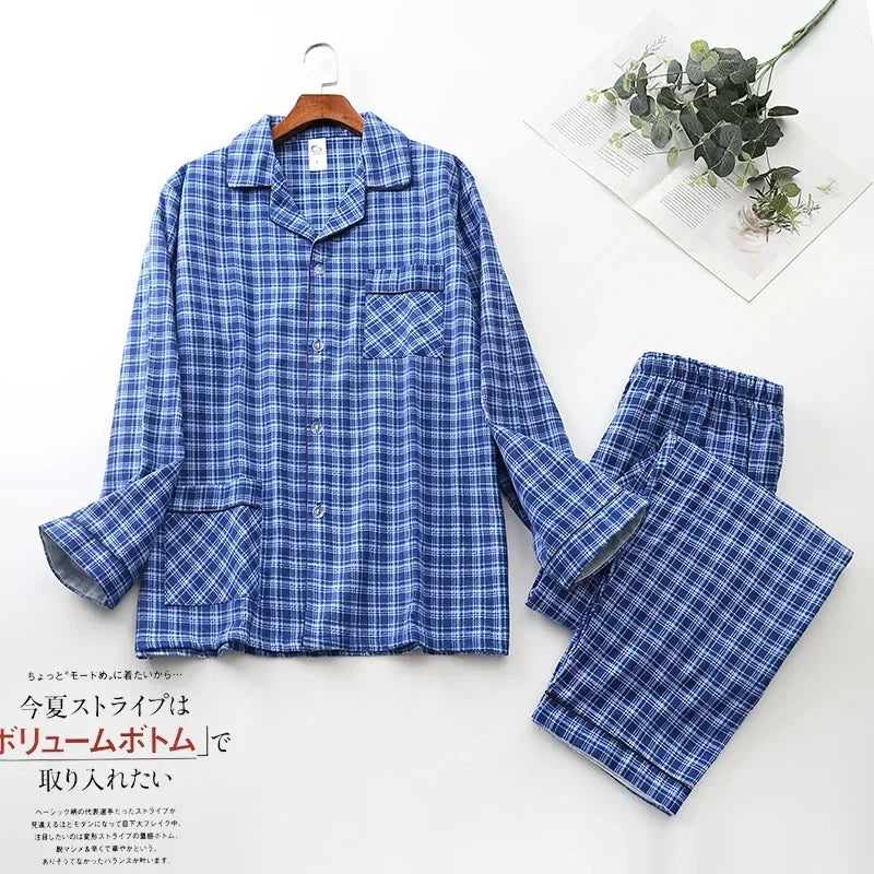 Spring Autumn Winter Long-sleeved Men's Trousers Pajama Set Suits Brushed Cloth Cotton Plaid