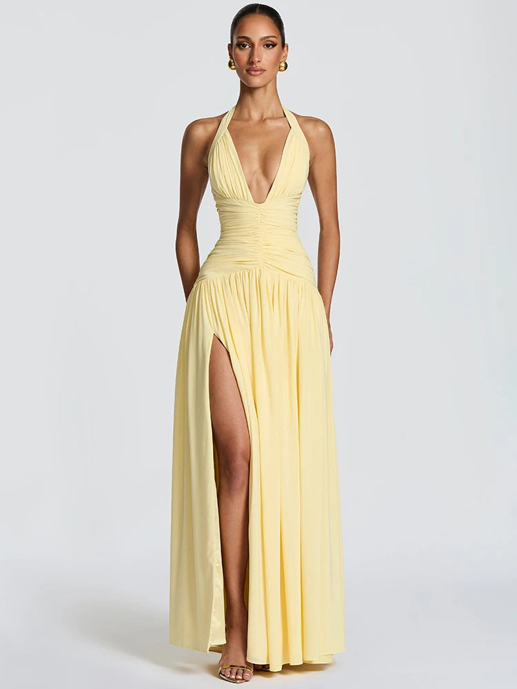 Elegant Halter Deep V Neck Sexy Maxi Women Dress Off-shoulder Sleeveless