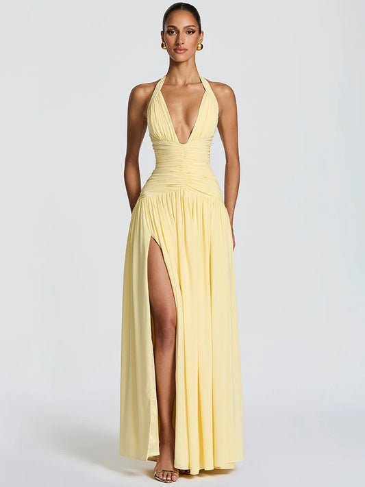 Elegant Halter Deep V Neck Sexy Maxi Women Dress Off-shoulder Sleeveless
