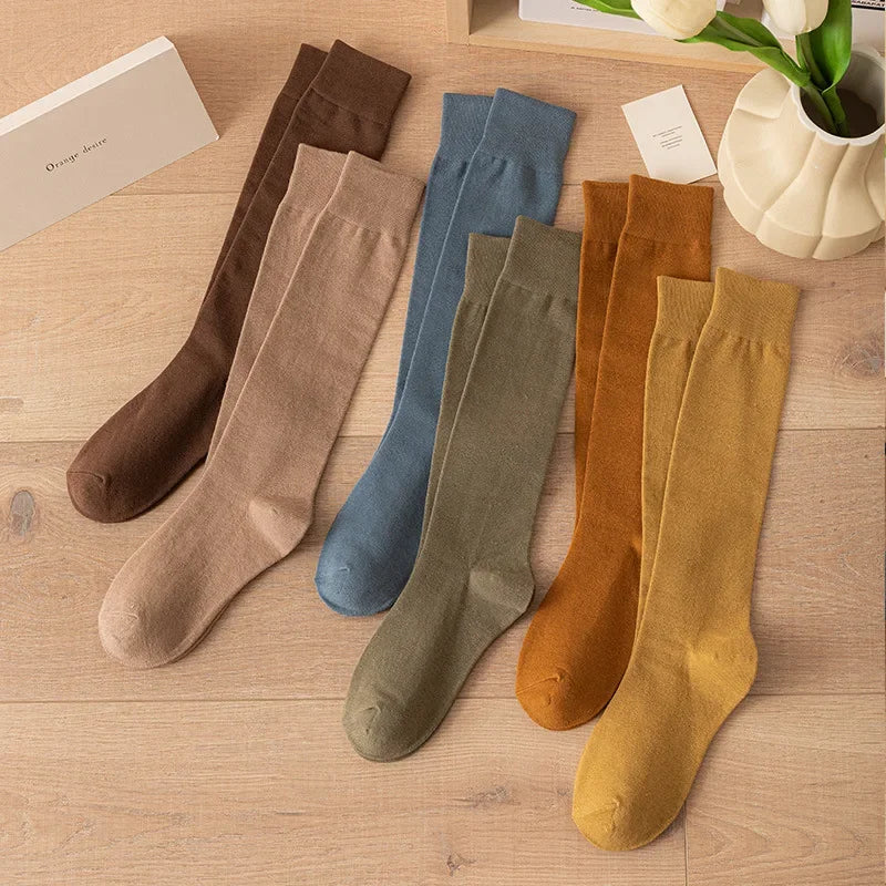 Women's Soft Cotton Knee High Long Socks Black White Solid Calf