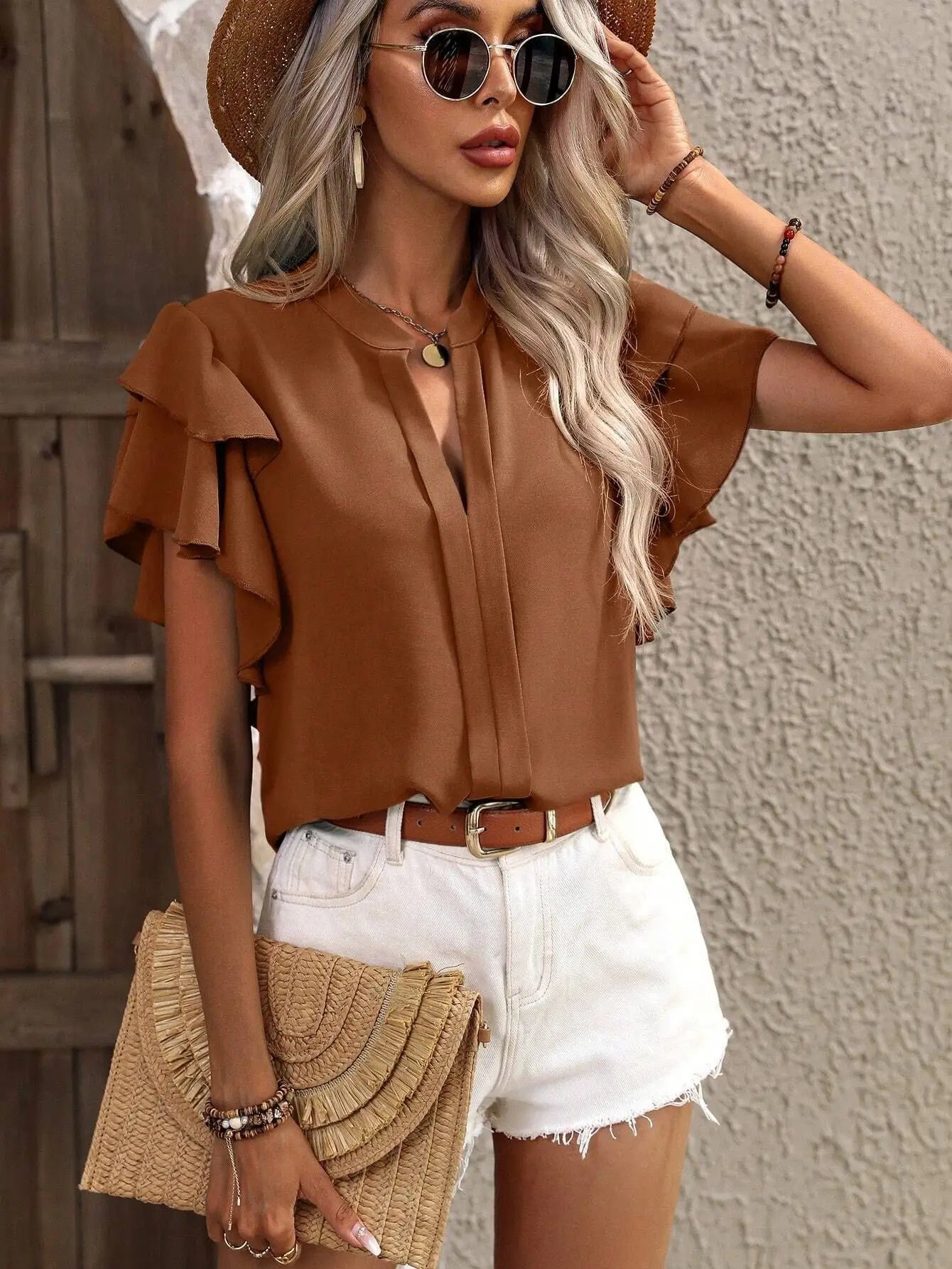 Elegant Women Summer Blouse V-neck Casual Double Layered Ruffle Sleeves