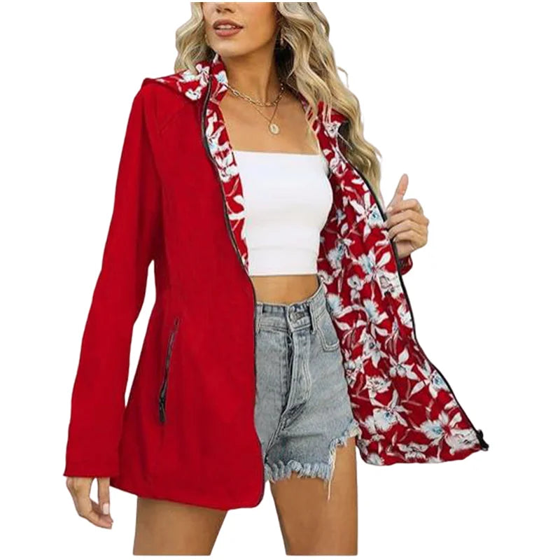 Women's Autumn Hooded Reversible Printed Jacket Casual Coat with Pockets S-2XL