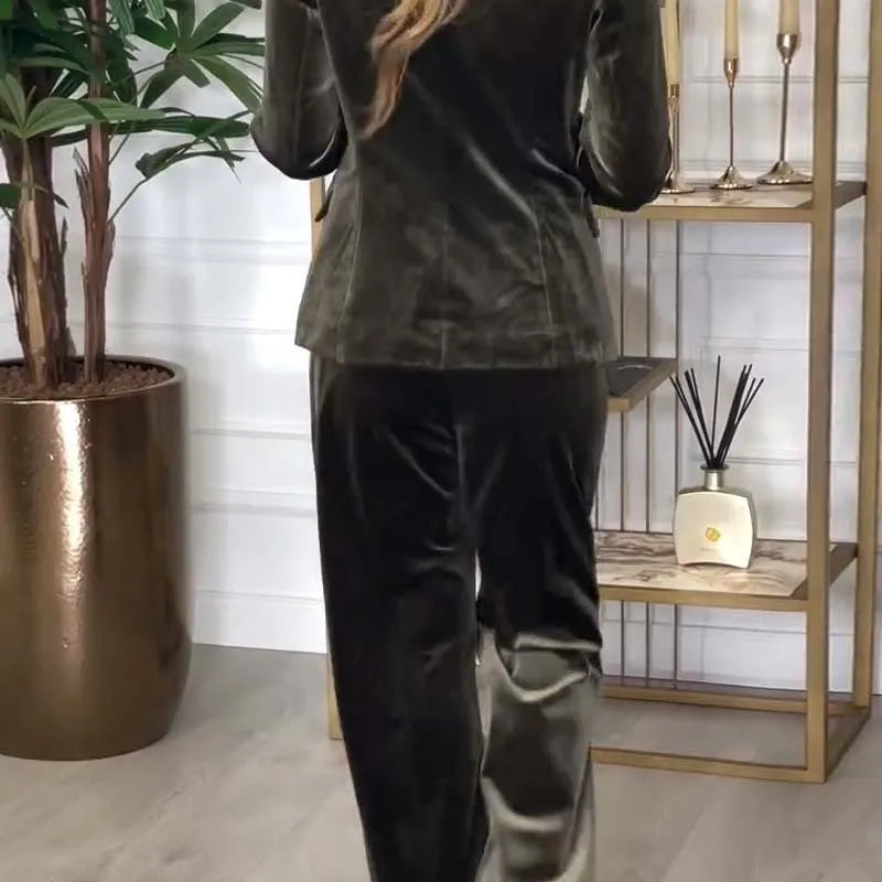 Women Double-breasted Velvet Suit Trousers Two-piece Set Autumn Winter
