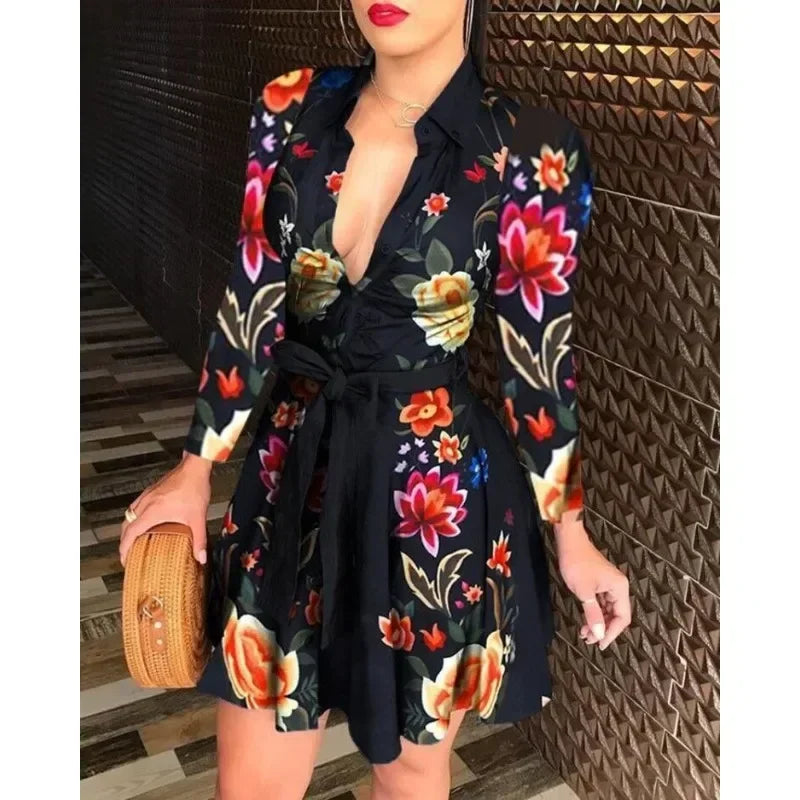 Elegant Casual Long Sleeved Dress With Buttons and Lapels