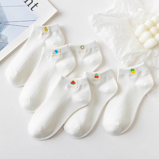 6 Pairs Women Cotton Breathable Short Socks Cartoon Fruit Sun Earth