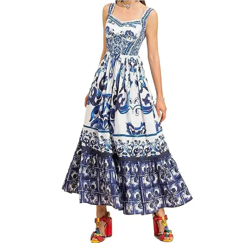 Elegant Summer Bohemian Sling Print Sleeveless A-line Long Dress