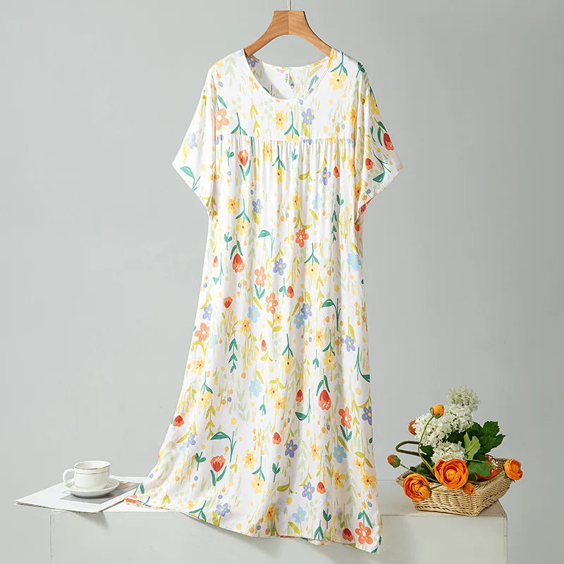 Summer Women Nightgown Short Sleeve Round Neck