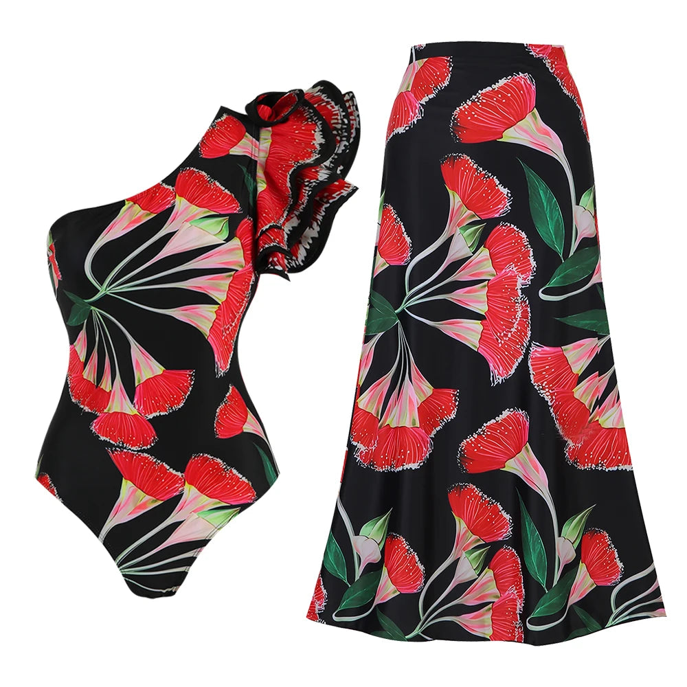2-Piece Women Brazilian Floral Printed Ruffle Bikinis Strappy Bandage Swimwear